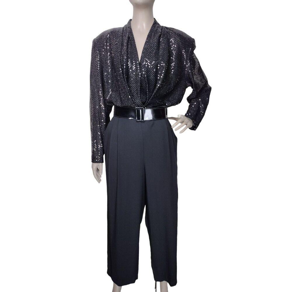 Vintage 80s Black High Shoulder Draped Deep V-Neck Sparkly Sequined Jumpsuit
